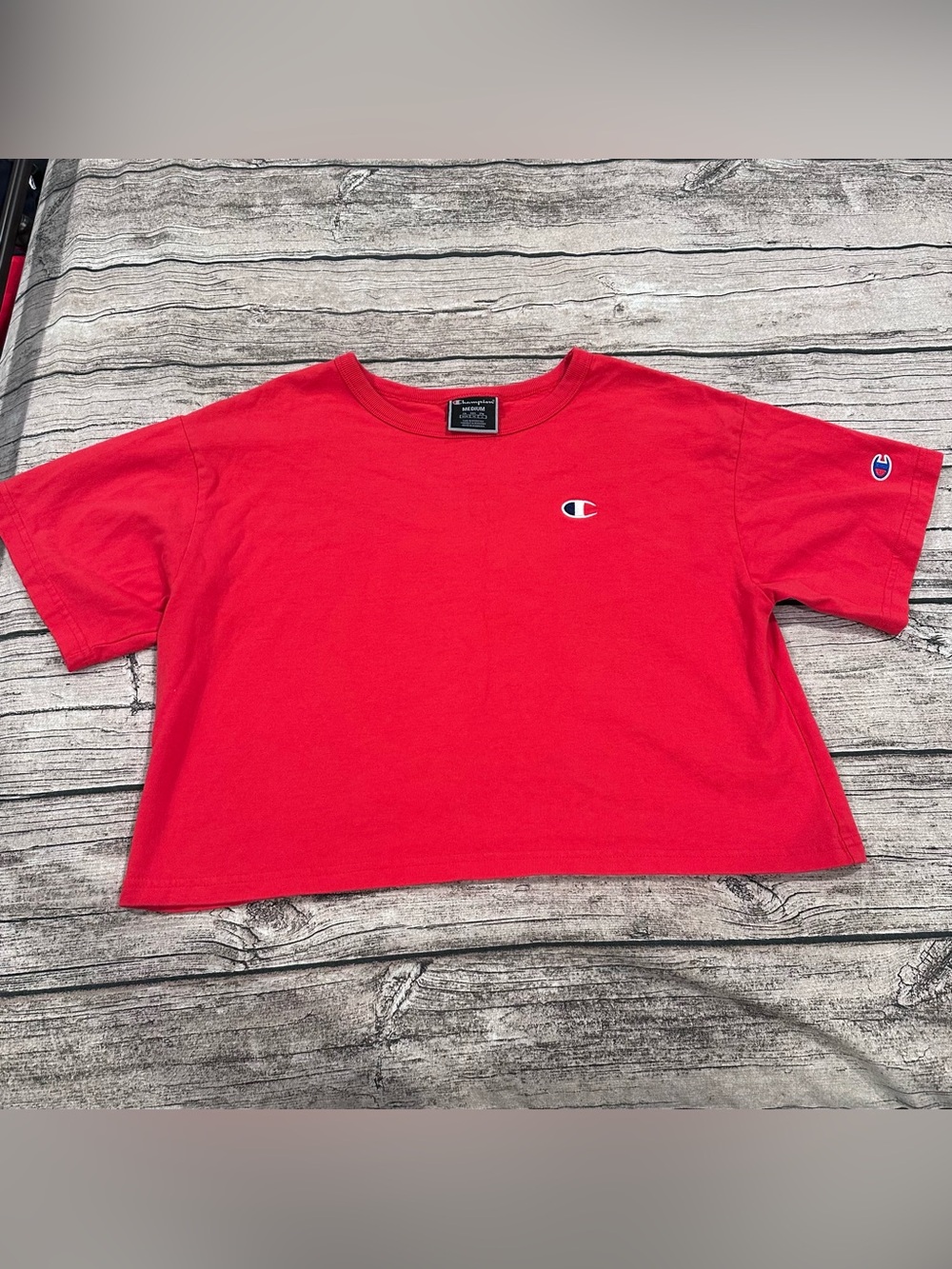 Champion Bright Red Cropped Crewneck Tee; 100% Cotton, Graphics on Back Size Med